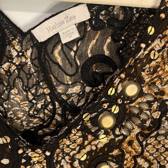 Sheer Boho beaded tank top Size Medium Snakeskin Browns Harlow Zee Tunic - Picture 3 of 9